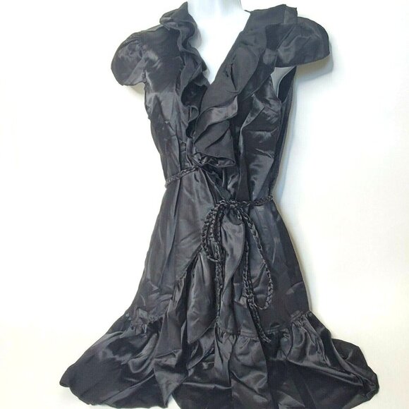 Women's Size Large Mini Ruffled Wrap Dress Black New - Picture 1 of 10